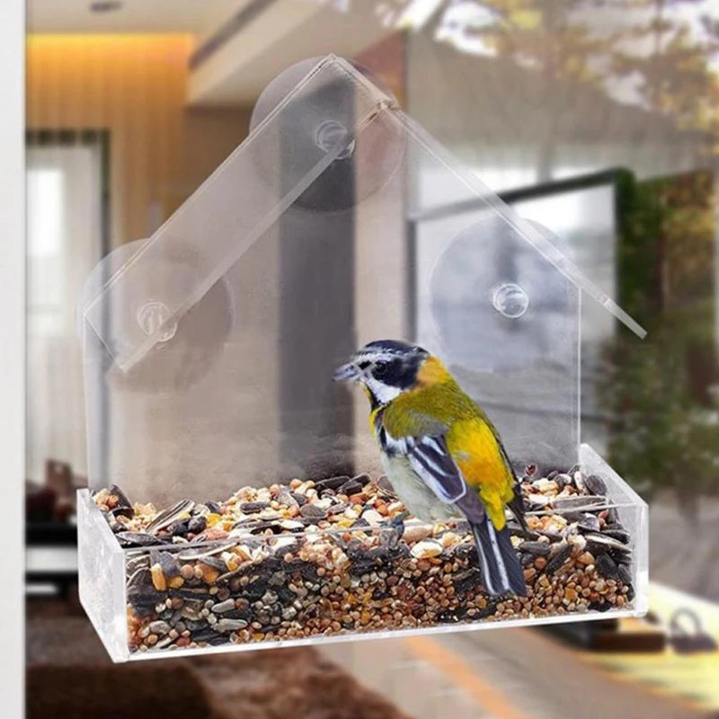 HOT-Acrylic Transparent Birdhouse Bird Feeder Window Viewing Tray Pet Water Feeder Suction Cup Mount Birdcage 15X7X16cm