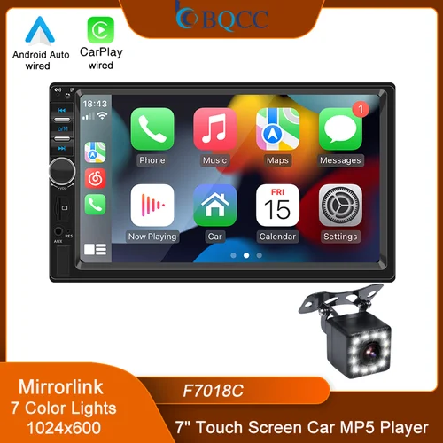 BQCC 7 ""2Din/1 Din MP5 reproductor de coche Mirrorlink con cable Android AUTO/CarPlay BT AUX luces coloridas FM Radio de coche F7018C