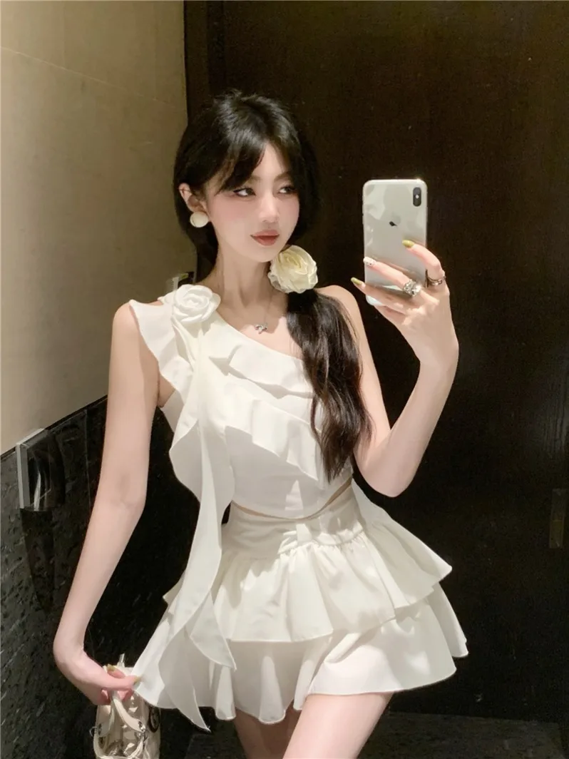 

Sexy Trendy Girl Set Women's Ruffle Shoulder Top Hot Girl Pleated Skirt Single Shoulder Strap Vest Outerwear Korean Style Summer