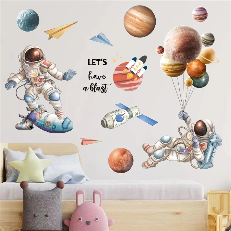 Cartoon Spaceman Travelling In Cosmos Wall Stickers For Kids Room Home Decoration Diy Planet Balloon Mural Art Pvc Decals Poster