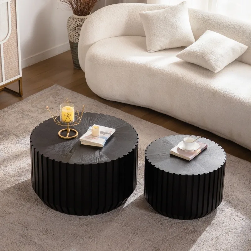 Black Ribbed Round Nesting Coffee Table Set Modern Living Room Side Table Wooden Center Table for Home Office Decor Furniture