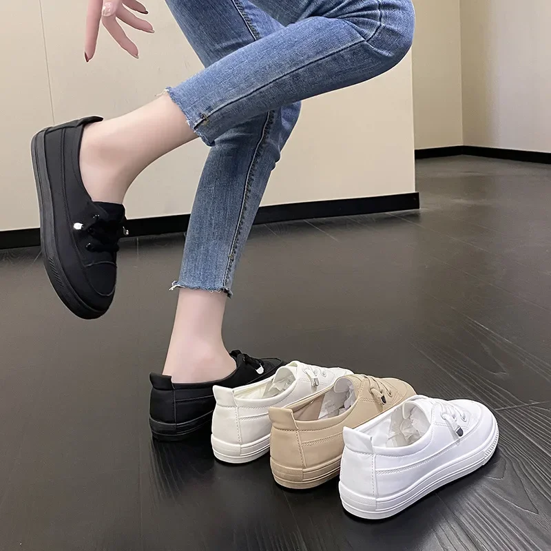 Women\'s Casual Shoes Solid Sneakers PU Leather Vulcanized Shoes Ladies Lightweight Soft Sole Flat Shoes