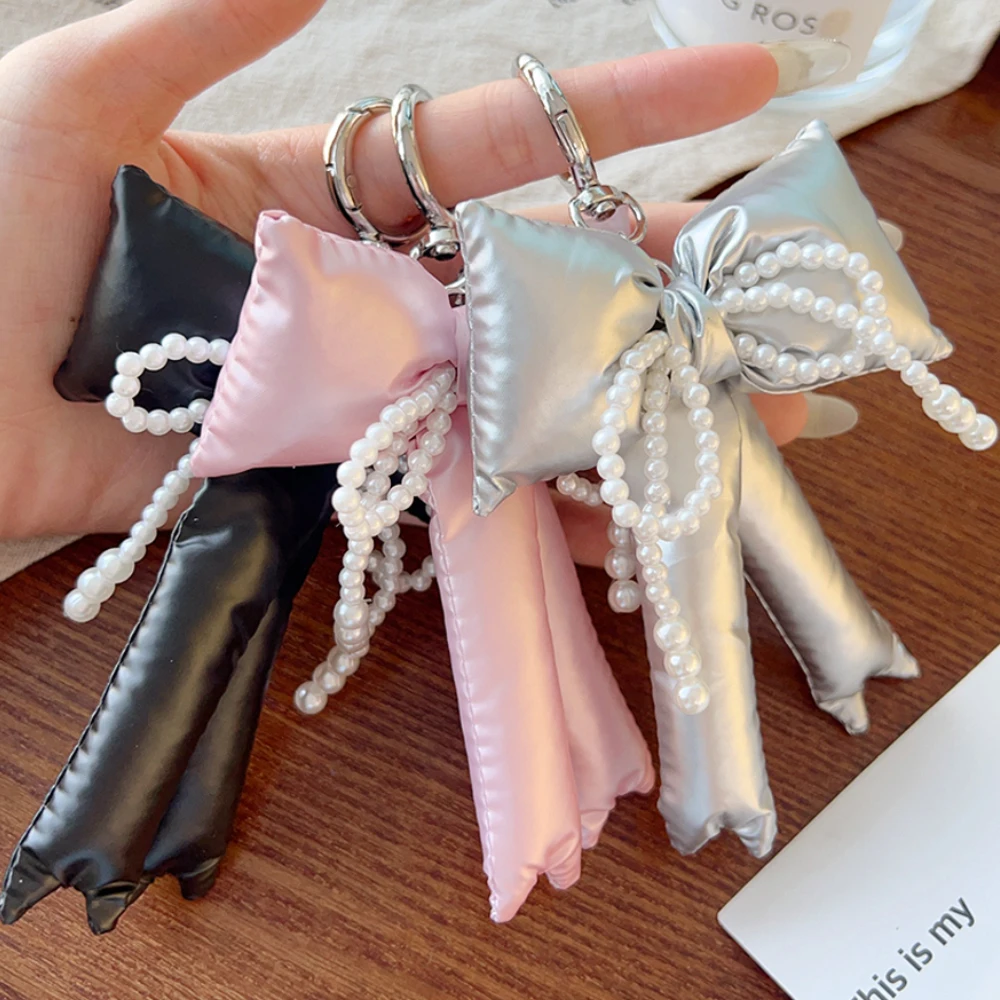 Y2K Korean 3D Pearl Bowknot Key Chain Fashion Simple Sponge Bow Keyring Bag Pendant Handbag Hanging Decoration Girls Gifts