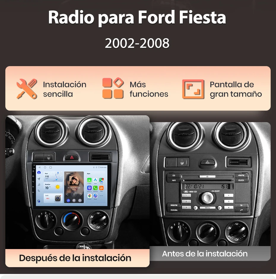 Junsun KI-Sprachsteuerung Autoradio für Ford Fiesta Mk VI5 Mk5 2002 2003 2004 2005 2006 2007 2008 Kabelloses CarPlay Android Auto 2DIN Multimedia GPS Bluetooth DAB+ RDS – Detail 4