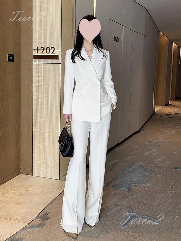 Tesco Women White Elegant Suit Long Sleeve Blazer And Wide Leg Pants 2 Piece Formal Outfits For Party Female Pant Sets 2024