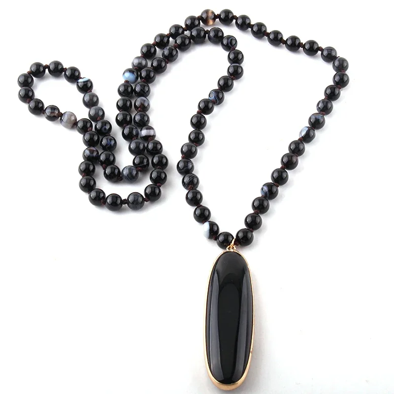 

Fashion Bohemian Jewelry Agat Stones Knotted Long Drop Stone Pendant Necklaces For Women Ethnic Necklace