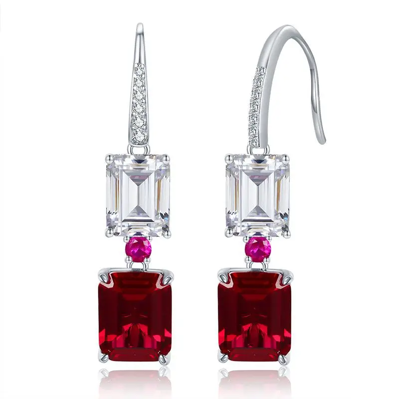 

2024 New S925 Pure Silver European and American Pigeon Blood Red High Carbon Diamond 8 * 10 Rectangular Earrings Female