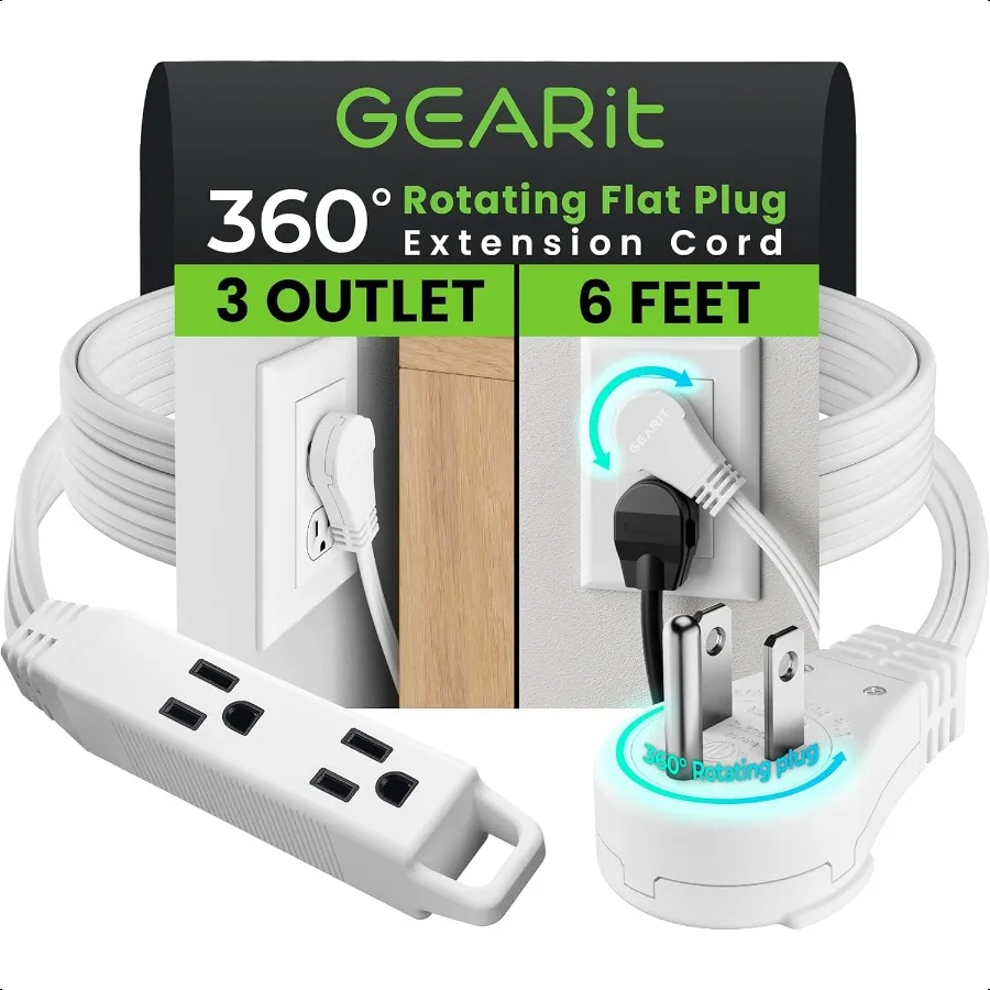 

360 Rotating Flat Plug Extension Cord 6ft White Multi 3Outlet Extension 16 AWG Wire Adapter for Small Spaces Right Angle Socket