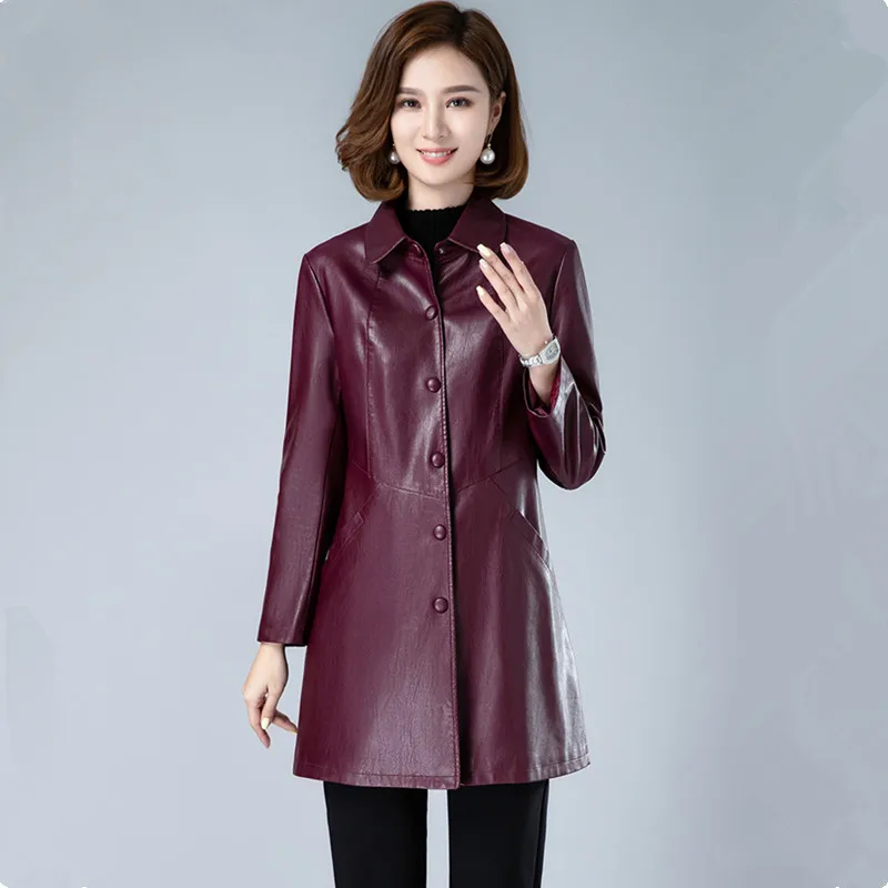 UHYTGF Quality Sheepskin Autumn Leather Jacket Women Mid-Length 5XL Loose Size Coat Elegant Female Leather Trench Outerwear 2345