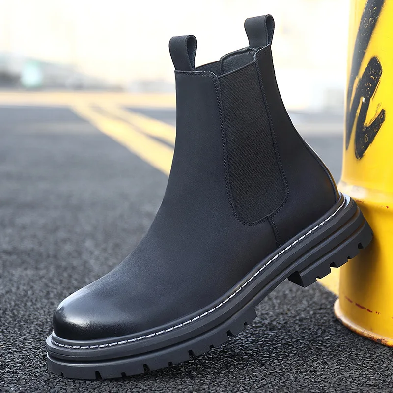 

British Style Men's Chelsea Boots Retro Yellow Leather Ankle Boots 2026 Winter Warm Plush Lined Platform Boots Casual Work Shoes