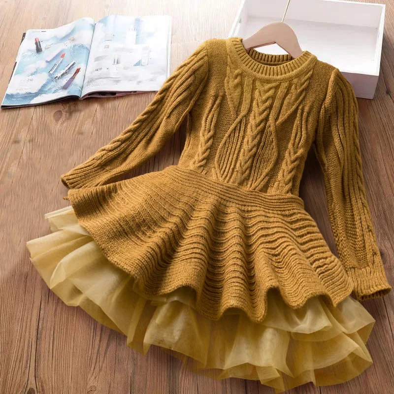 Long Sleeve Girls Dress for Autumn Winter  2024 New Knitted Sweater Outfits Red Christmas Party Dress for Girl Kids Costume 3-8Y