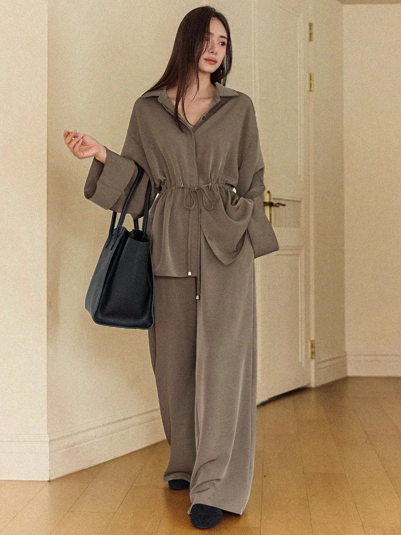 Women's Elegant Two Piece Loungewear Set, Drawstring Waist Long Sleeve Shirt + Wide Leg Pants, Casual Loose Fit Office Wear Outf