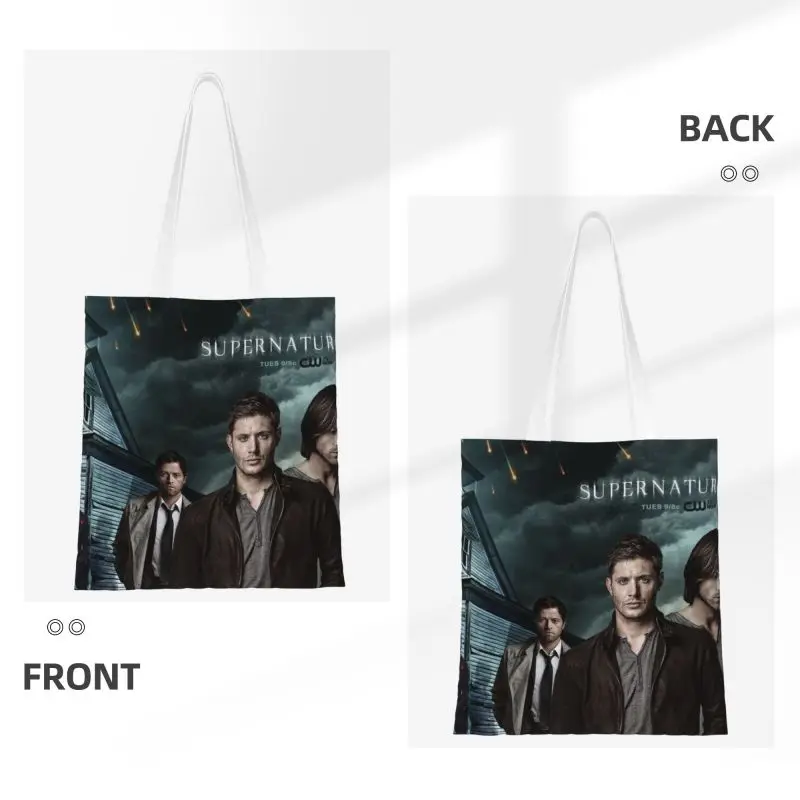 Fashion Printing Supernatural TV Show Shopping Tote Bags Portable Canvas Shoulder Shopper Winchesters Bro Dean and Sam Handbag