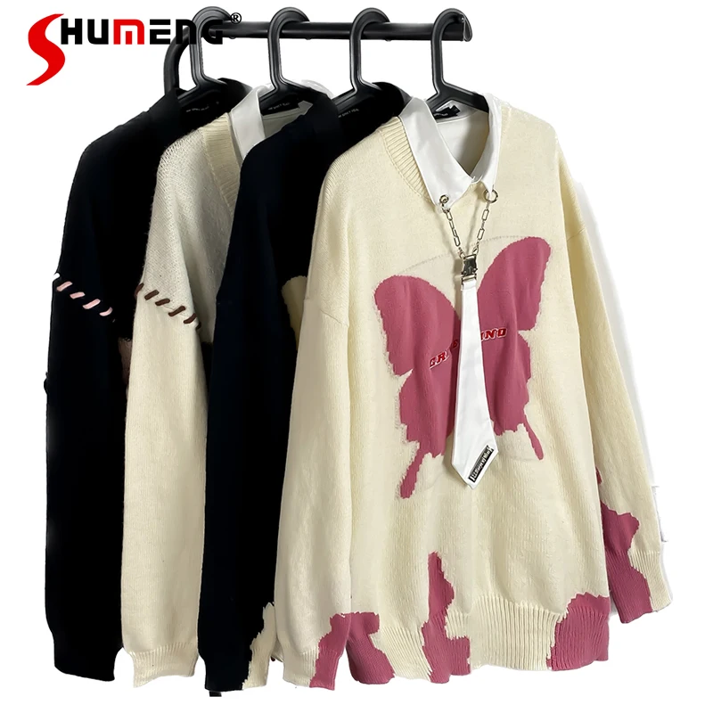 American Retro Color Contrast Patchwork Butterfly Sweater Male And Female Trendy Brand Street Style Niche Couple's Tops Knitwear