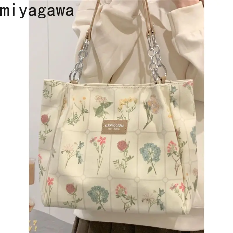 Miyagawa Women\'s 2024 New Large Capacity Canvas Bag Printed Flower Handheld Classroom Commuter Single Shoulder Tote Bags