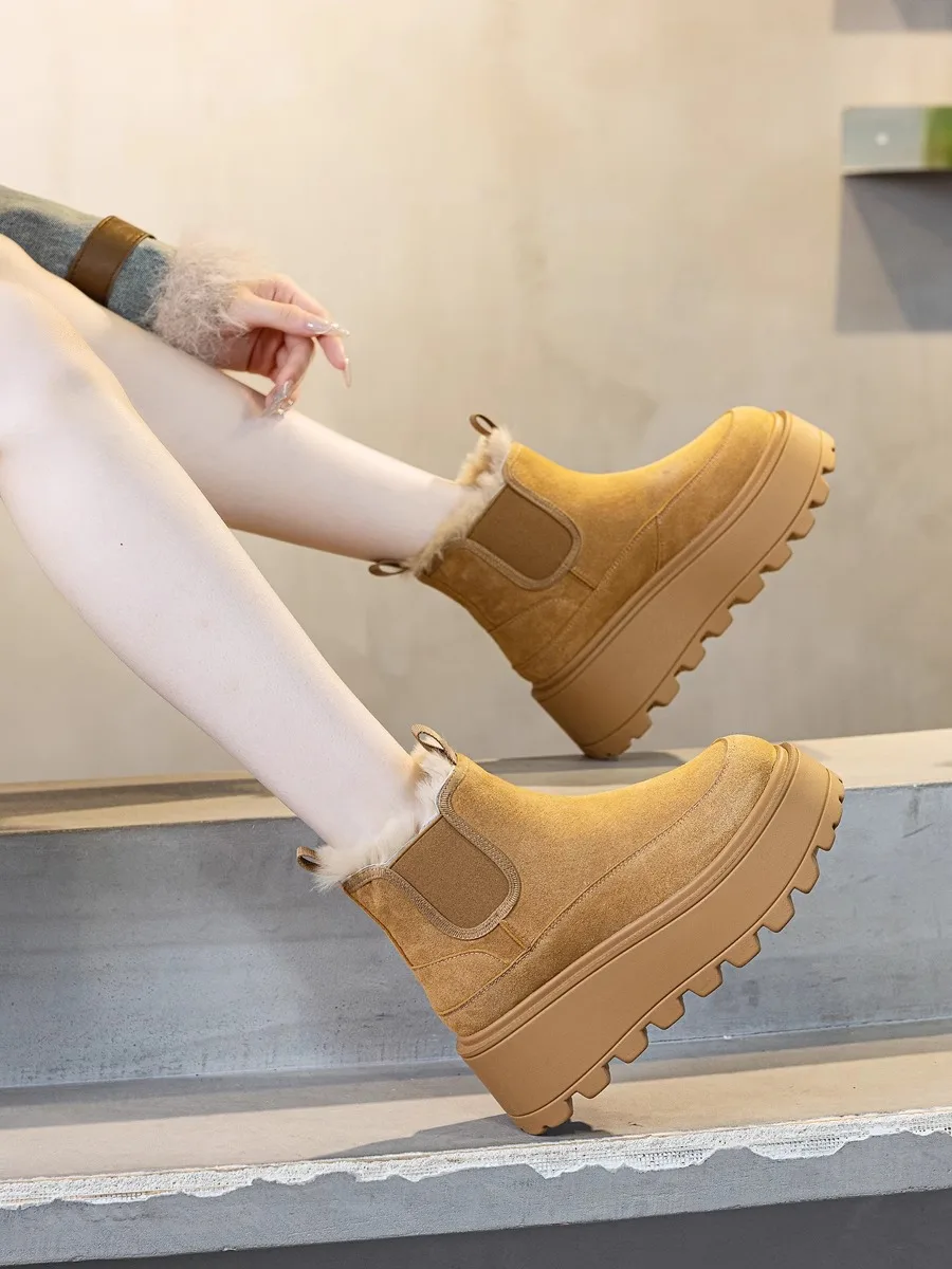 

Women's Genuine Leather Snow Boots Winter Thiened Warm Boots Chelsea ort Boots with Fce Waterproof High Heel