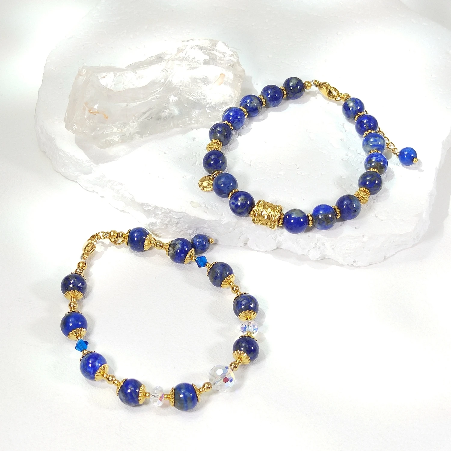 

Lii Ji натуральный камень лазурит 8 мм из нержавеющей стали 14 К позолоченный браслет ювелирные изделия ручной работы для женщин