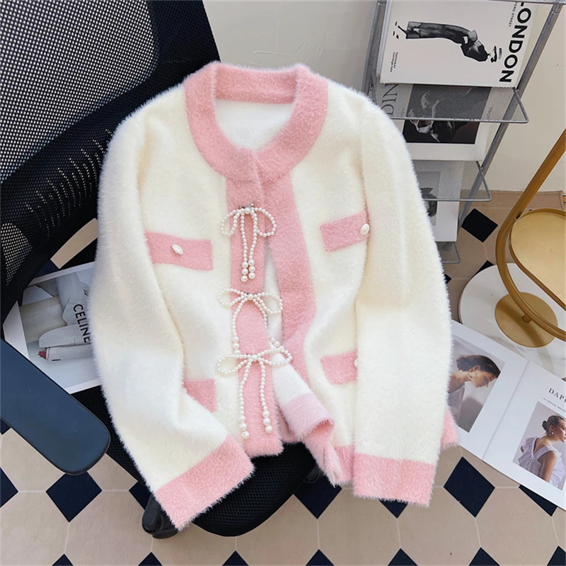 

Beading Faux Mink Knit Cardigan Tops Women Sweater 2024 Autumn Winter Long Sleeve O-Neck Top Elegant Stylish Thick Jumper Mohair