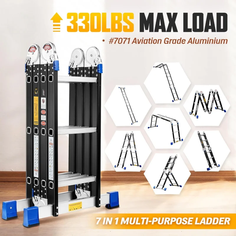 7 in 1 Multi-Purpose Ladder Aluminium Extension Ladder 12Ft Folding Adjustable Telescoping Step Ladder Heavy Duty Ladders