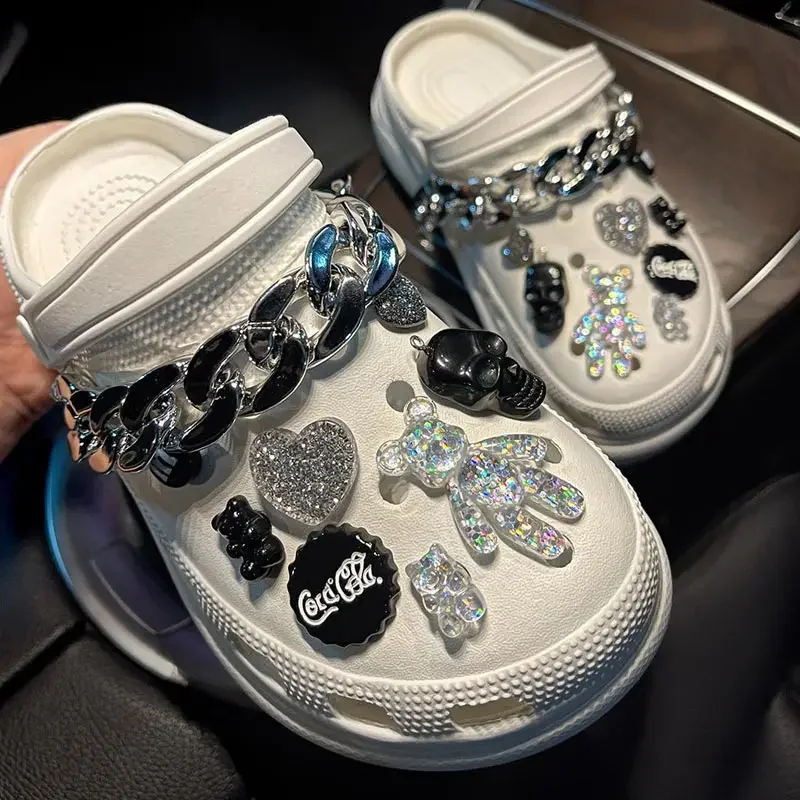 DIY 귀여운 곰 나막신 신발 버클용 은빛 체인 구멍 신발 번들, 디자이너 패션 트렌드 참, 고품질, 핫 세일 