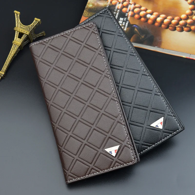 

New Men's Long Wallet Slim Business Soft Pu Leather Bifold Pocket Square Grid Pattern Multi-Card Slot Wallet for Youngsters