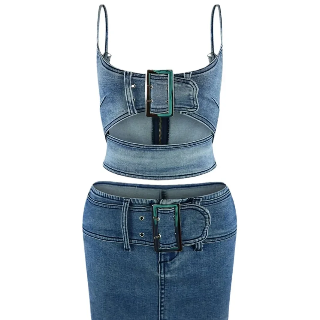 Women's Summer Fashion Denim Two-piece Set, Adjustable Buckle Elastic Halter Top + Half Body Package Hip Skirt Casual Denim Suit