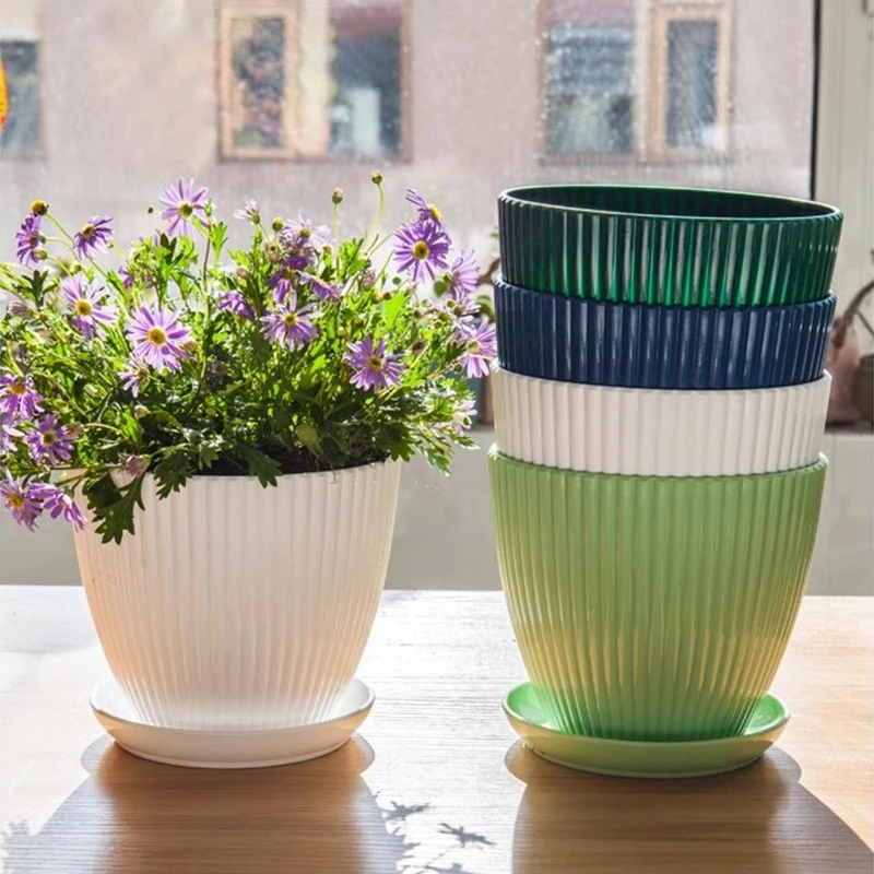 5 Stück Kunststoff-Blumentöpfe für Sukkulenten mit Untersetzer, grüner Dill, rund, doppelschichtig, kleiner Blumentopf, Dekoration für Zuhause, Büro, Schreibtisch, A2 – Detail 8
