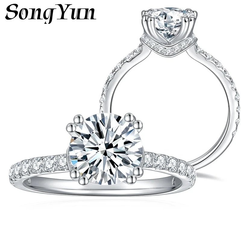 SONGYUN Moissanite Diamond Jewelry 925 Sterling Silver 18K White Gold Plated Ring Fully Set 7.5mm D Color GRA Certificated