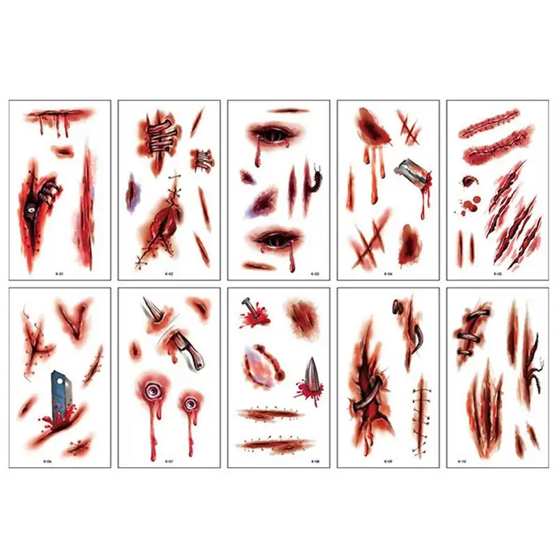 10 Sheets Halloween Temporary Tatoos Stickers Scar Zombie Fake Wound Temporary Stickers Cosplay Waterproof Stickers Makeup Props