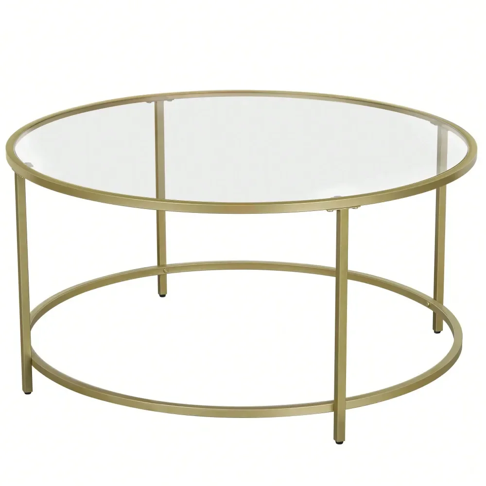 

Round Coffee Table,Dia. Glass Table With Golden Steel Frame, Living Room Table, Robust Tempered Glass, Stable