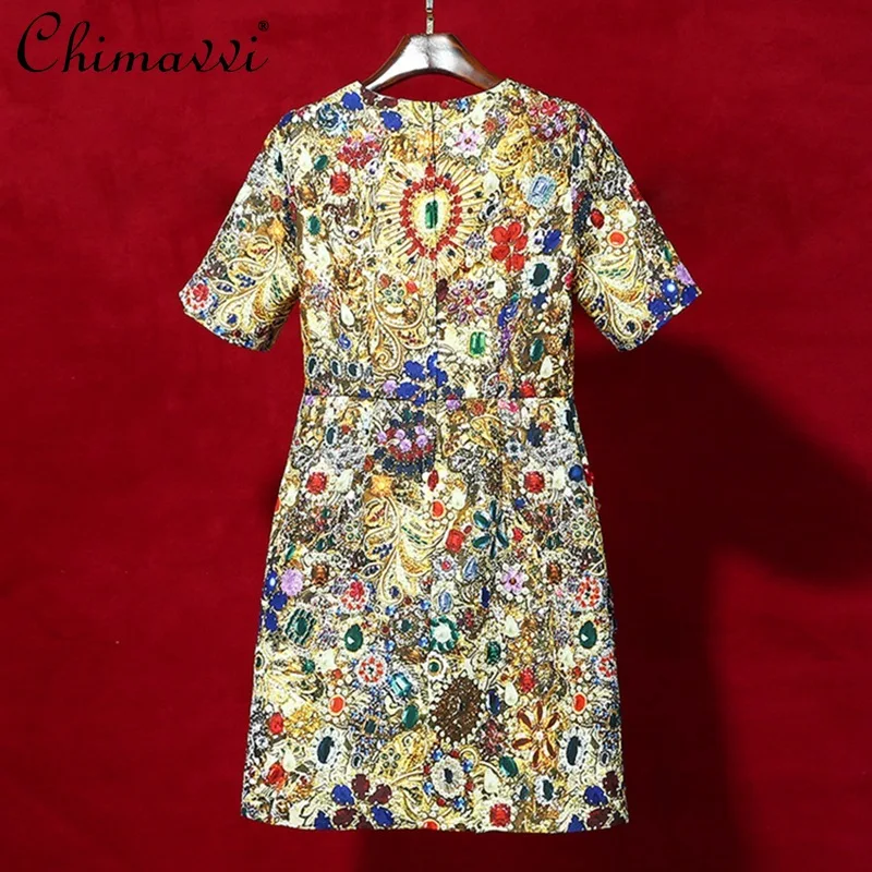 خمر المحكمة نمط الثقيلة الفاخرة الماس الجاكار فستان قصير المرأة العصرية جولة الرقبة قصيرة الأكمام فساتين أنيقة فضفاضة #2