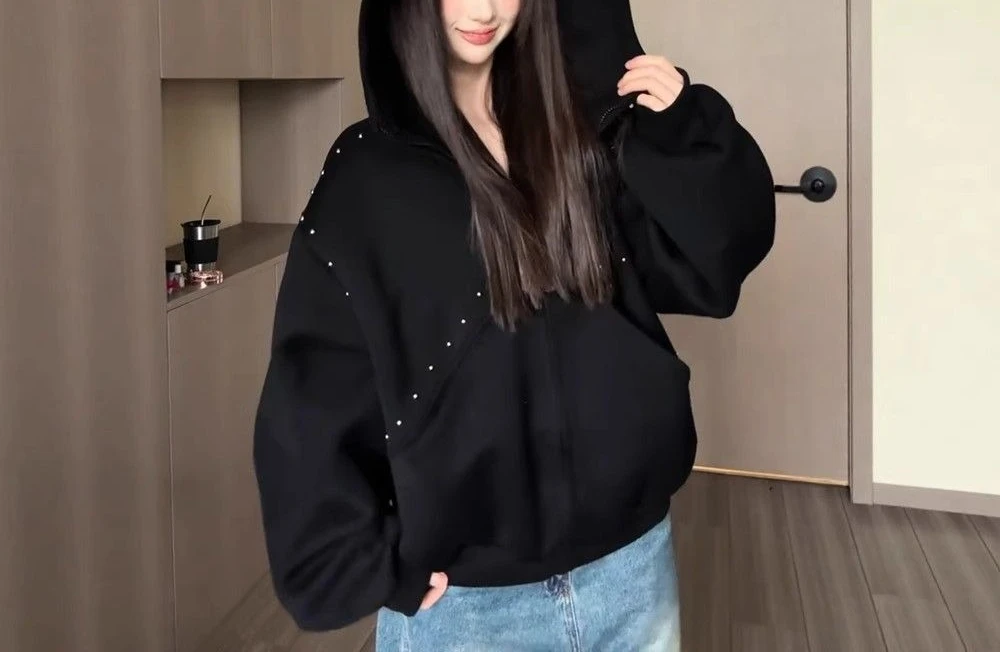 Casual Gray Studded Hooded Cardigan Sweatshirt for Women, Loose Fit Plus Size, Luxurious and Lazy Style Jacket