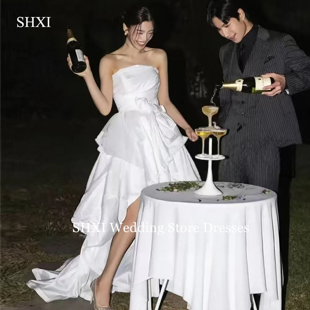 

SHXI Strapless High Low Korea Wedding Dresses Customized Elegant Taffeta A Line Photos Shoot Dress Ruffles Short Bride Gown