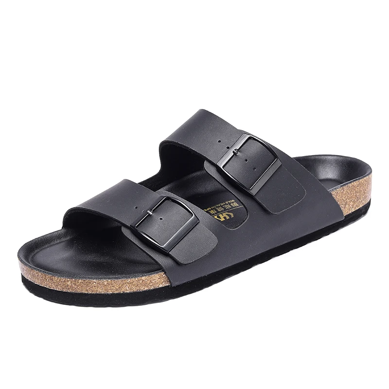 Summer Beach Sandals Classic Double Button Black Slippers Shoes Leather Soft Footwear Male Soft and Comfortable Bottom Slippers