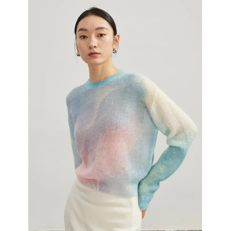 Herfst Geleidelijk Korte Mohair Wollen Trui Vrouwen Ronde Hals Losse Lange Mouw Pullover Tops