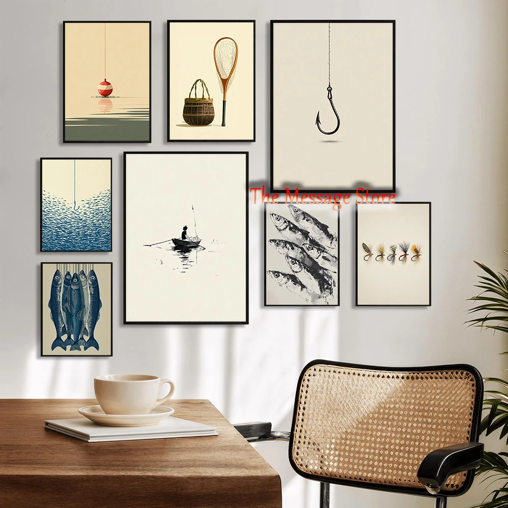 Minimalist Fish Hook Nautical Ocean Sardines Minimalist Fishing Bobber Retro Fisher Poster Canvas Painting Wall Pictures Decor