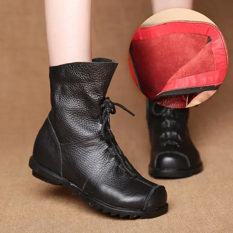 Lace-up Flat Vintage Shoes for Women Leather Warm Short Boots Winter Round Toe Roman Ankle Boots Women Non Slip Botas De Mujer