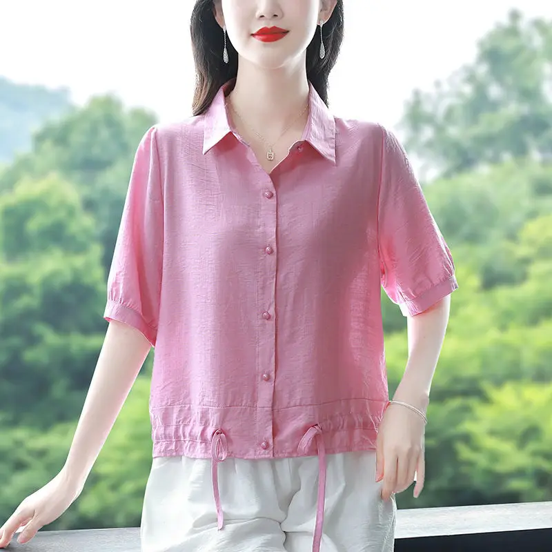 

Simplicity Office Lady Summer Women's POLO Collar Solid Single Breasted Shirring Fashion Versatile Loose Short Sleeve Shirts Top