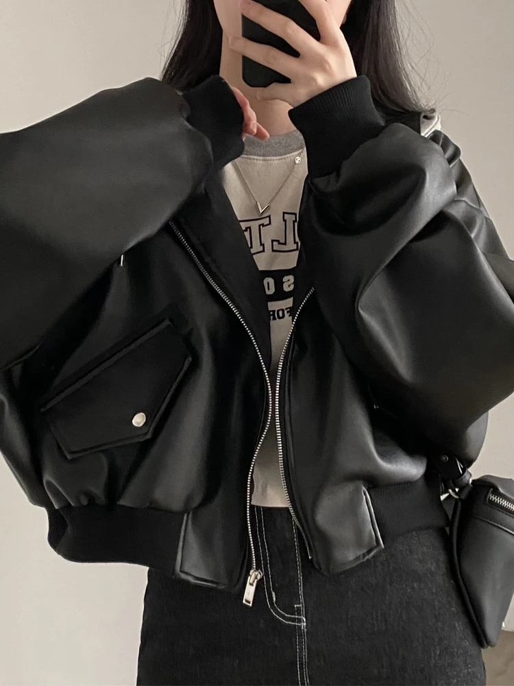 Faux Pu Leather Jacket Women Korean Fashion Hooded Zipper Short Coats Female Autumn Vintage Long Sleeve Moto Biker Outerwear