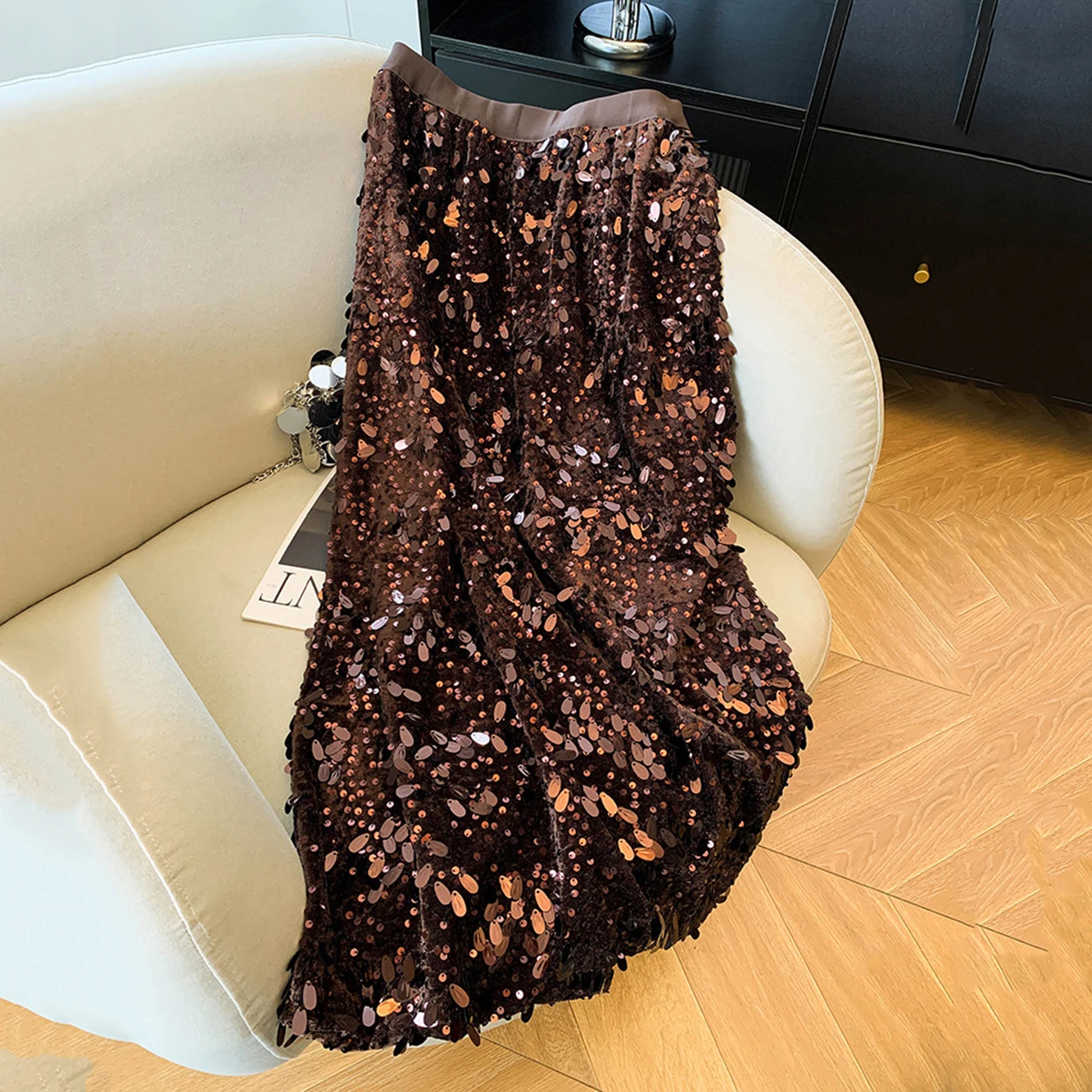 Sparkling Big Sequins Slit Skirt Women's Luxury Elastic Waist Midi Length Elegant Party Dress Spring Summer Casual Female Skirt