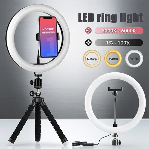 10 inch LED Selfie Ring Light Dimmable Photography Fill Lamp with Mini tripod for Mobile Phone Live Video Photo Studio Ringlight