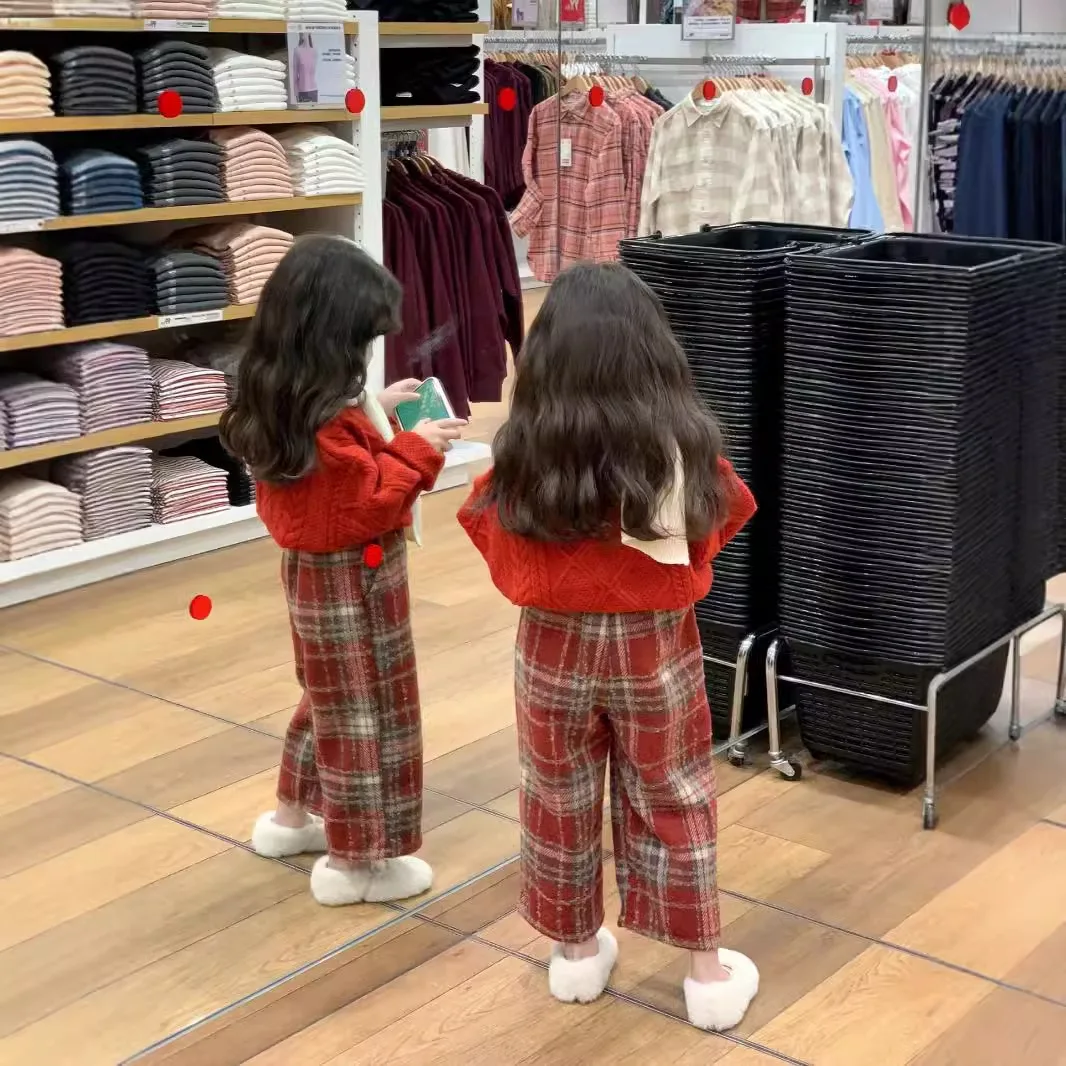 Girls Suit 2024 Autumn New Childrens Clothing Korean Style Baby Girl Retro Sweater Red Gingham Pants Two-piece Set Casual image 5