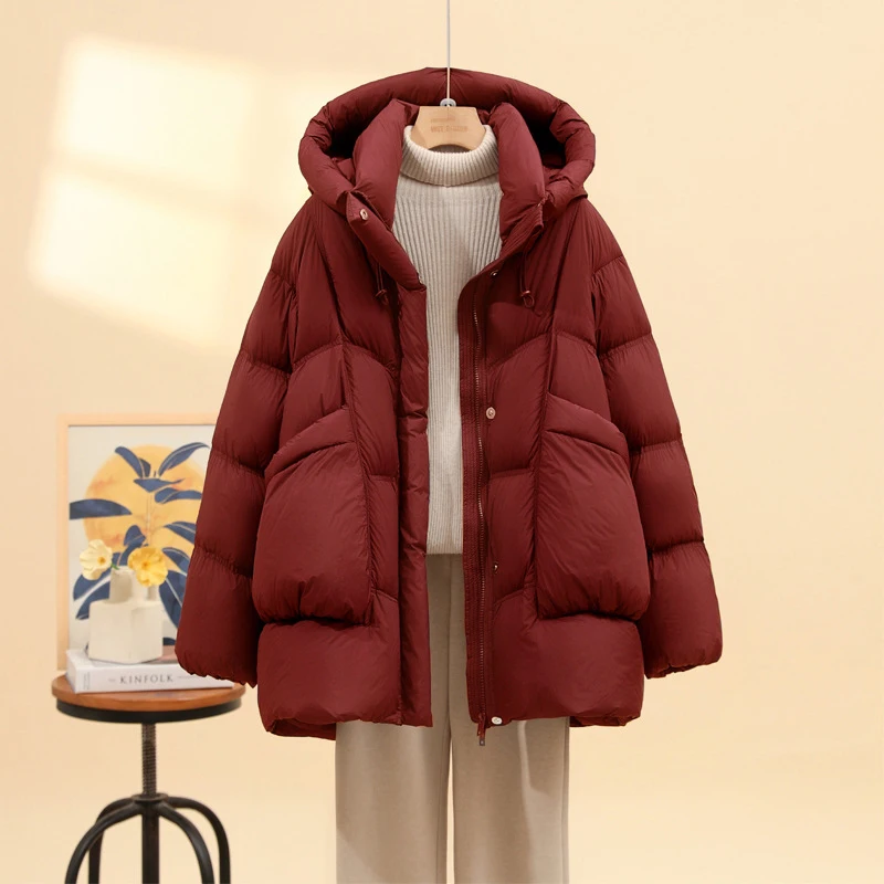 Schinteon feminino pato branco para baixo jaqueta casual solto outono inverno outwear com capuz grosso quente macio e confortável casaco 2025 novo