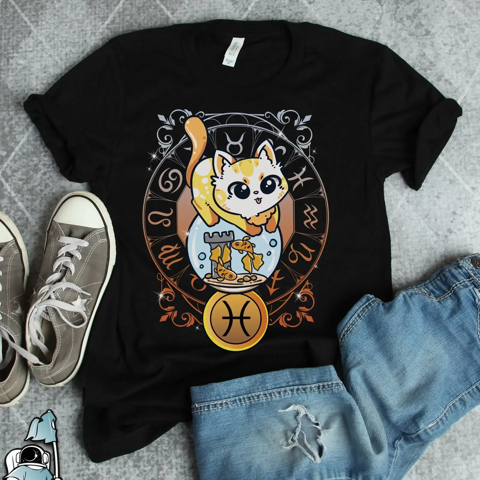 Cute Pisces Cat Zodiac T Shirt Astrology Horoscope Birthday for Lover Fans vintage Washed fashion graphic streetwear Versatile