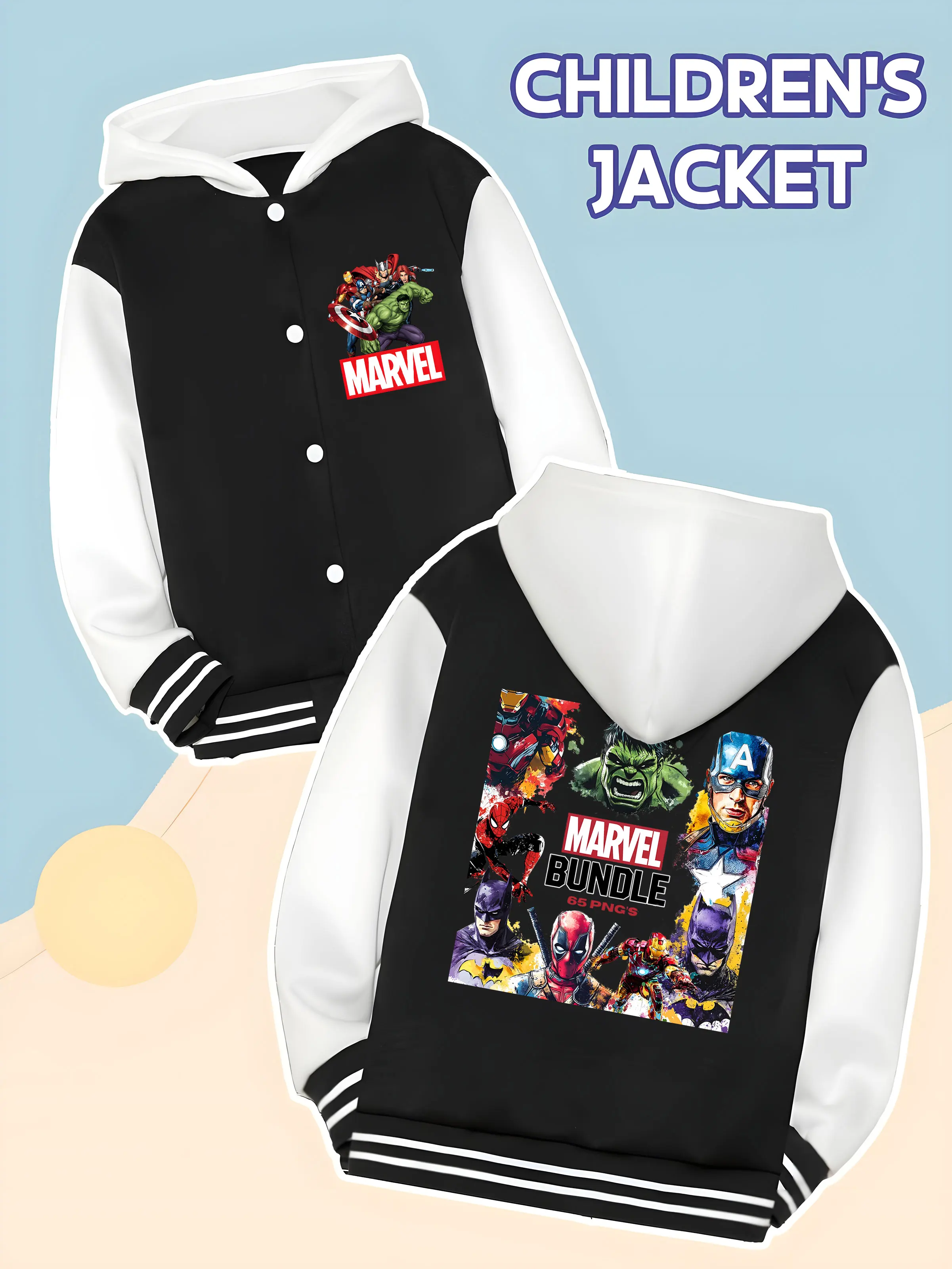 

MINISO Marvel Avengers Heroes Collection Boys' Baseball Jacket - Avengers heroes domineering prints, double-sided presentation o