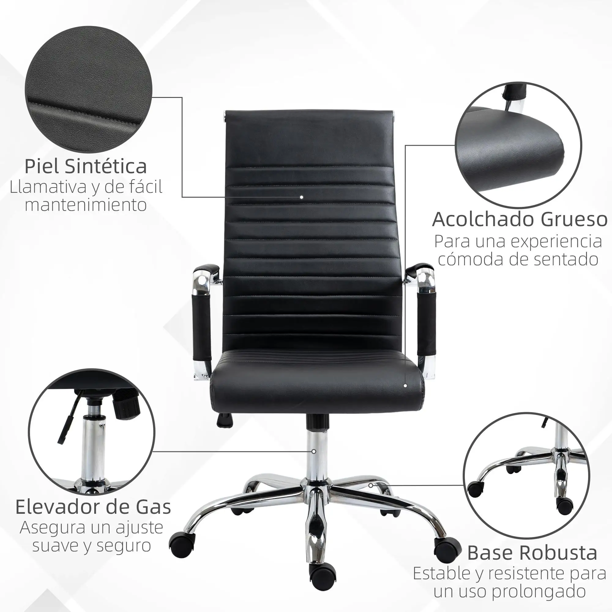 Chaise de bureau noire ergonomique avec accoudoirs réglables en hauteur, en simili cuir, 54x62x104-114cm, fonction bascule, roulettes à 360 degrés, pour le bureau