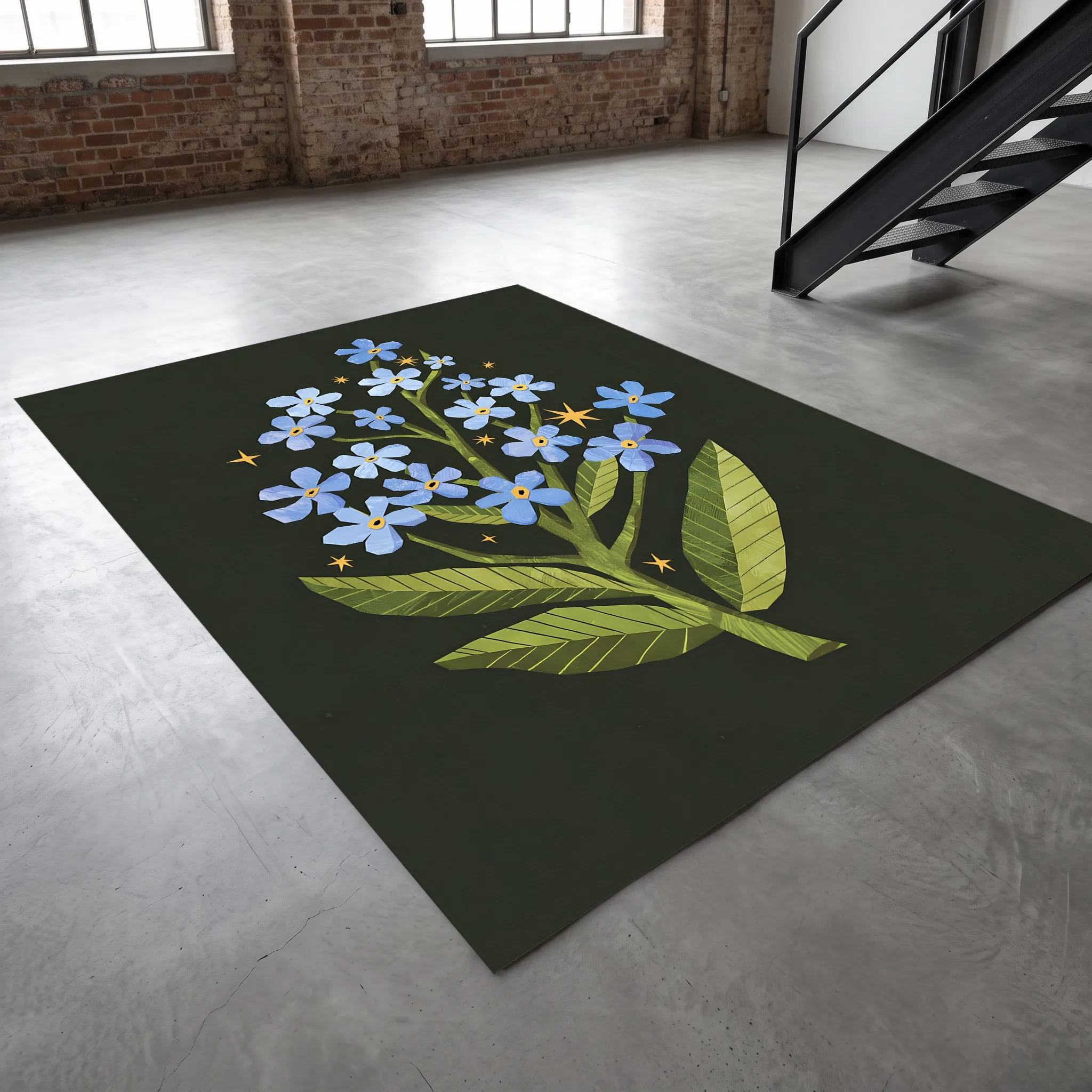 Velvet Rug Light Blue Floral Starry Pattern Vintage Forest Style for Entryway Bedroom Bedside Decor