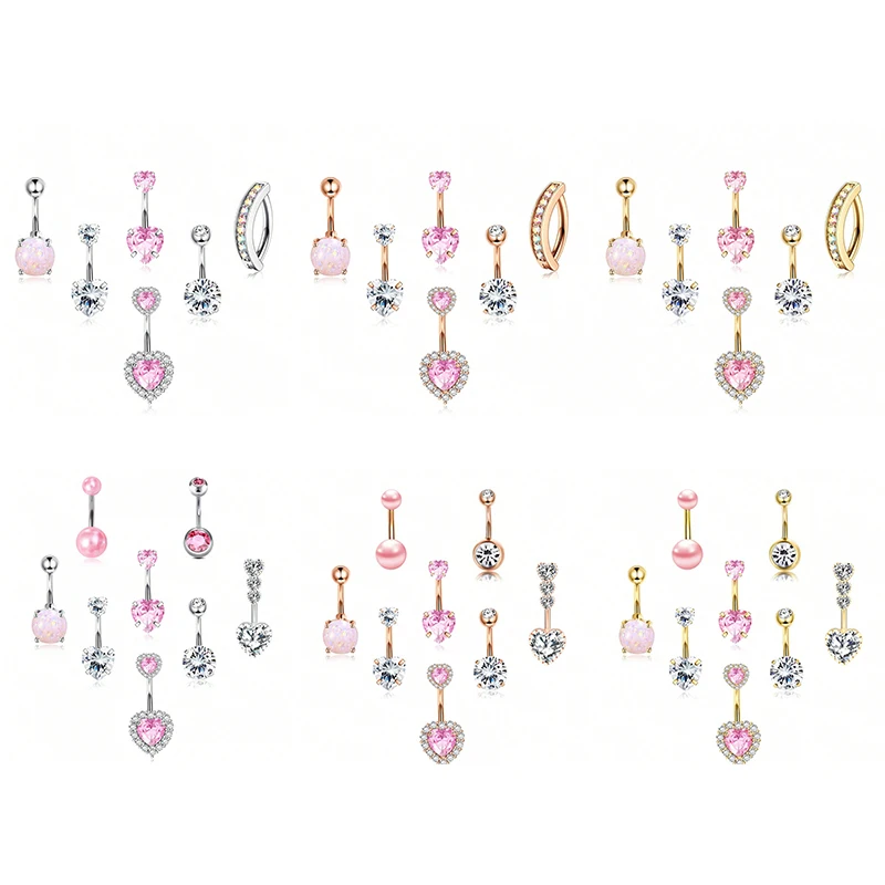 6/8 Uds. Conjunto de anillos sexis para ombligo, anillos para Piercing en el ombligo con circonita en forma de corazón para mujeres y niñas, accesorios de joyería para Piercing corporal, regalos