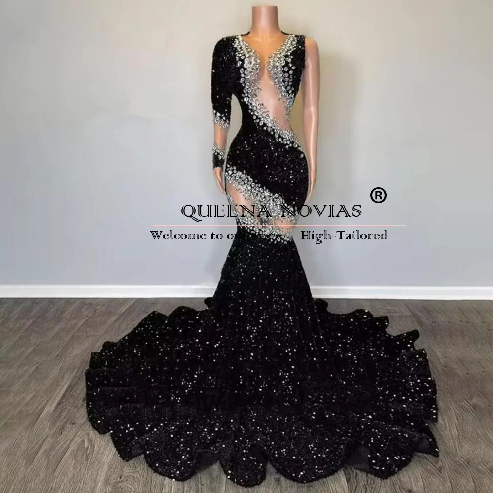 Abiti da ballo lunghi a sirena con diamanti in nastro per ragazze nere 2025 Illusion O Neck Abito da sera con una spalla Abito da compleanno personalizzato 2025