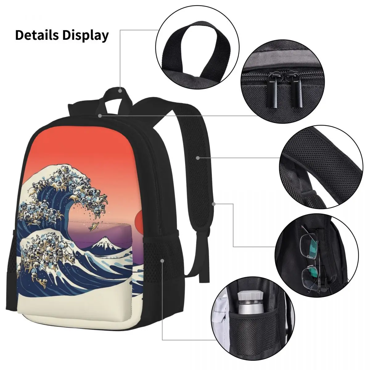 A Grande Onda de Pug Mochilas, Estudantes Mochilas Escolares, Mochila Dos Desenhos Animados, Lunch Bag, Pen Bag, Meninos e Meninas Bookbag, 3 Pcs Set